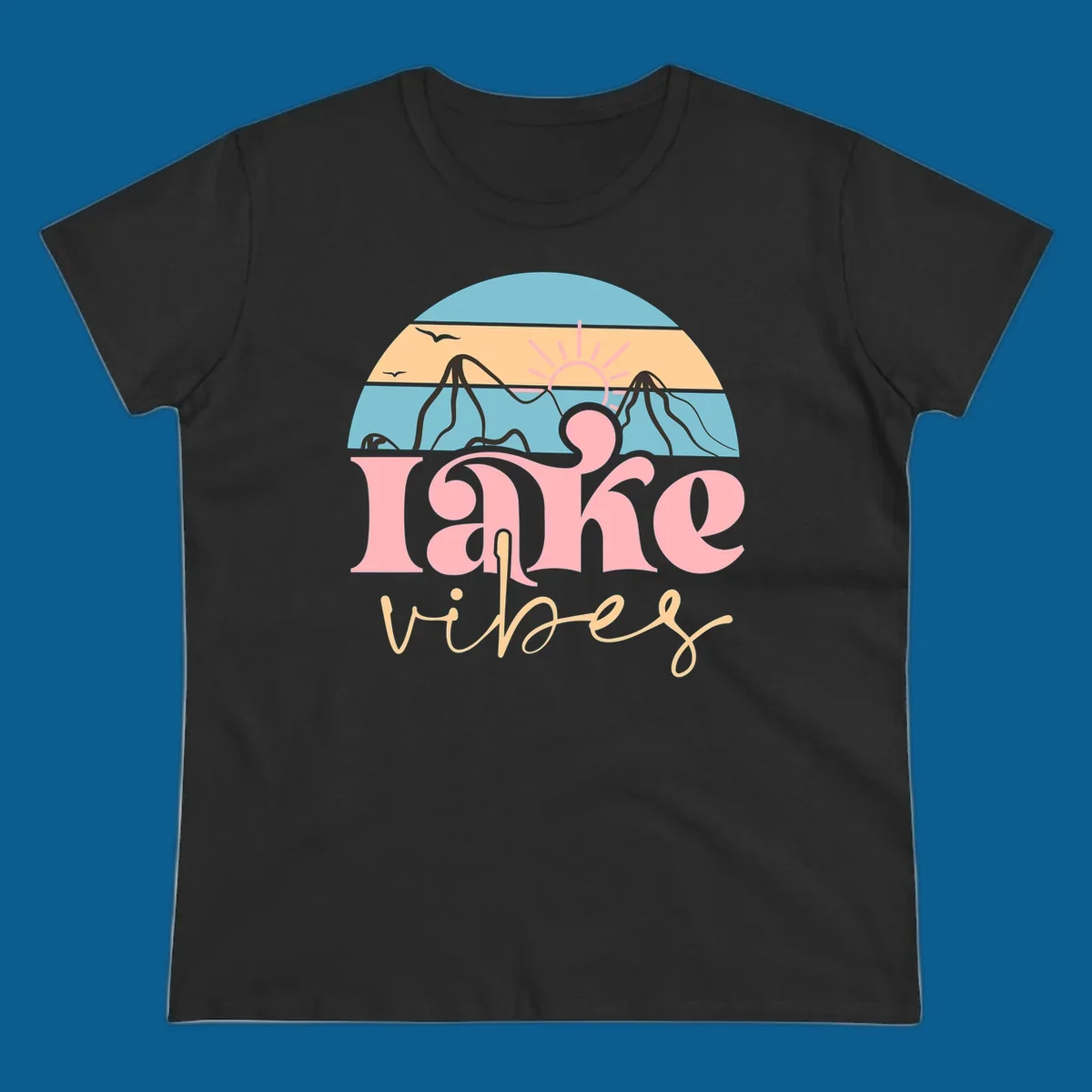Retro lake vibes design with sunset, mountains, and birds. lake-vibes-retro