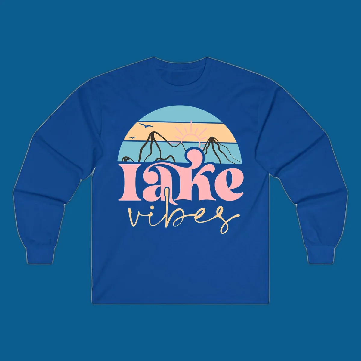 Retro lake vibes design with sunset, mountains, and birds. lake-vibes-retro