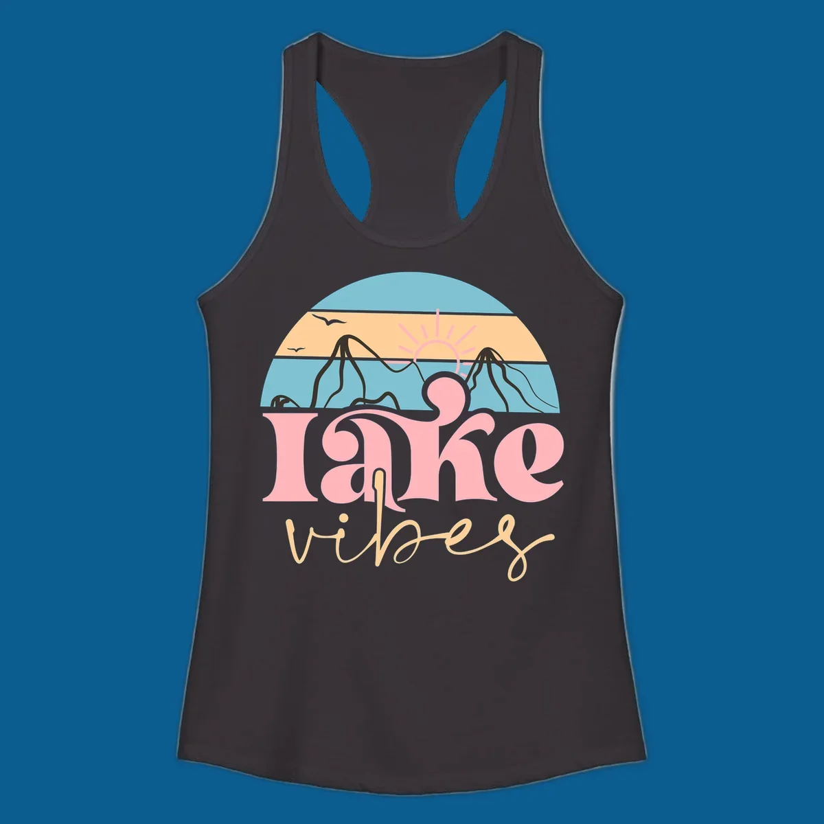 Retro lake vibes design with sunset, mountains, and birds. lake-vibes-retro