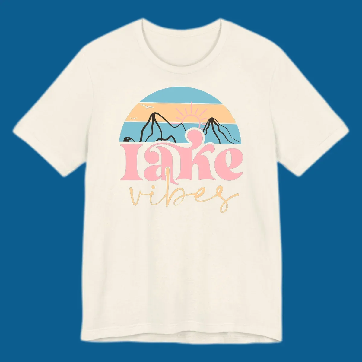Retro lake vibes design with sunset, mountains, and birds. lake-vibes-retro