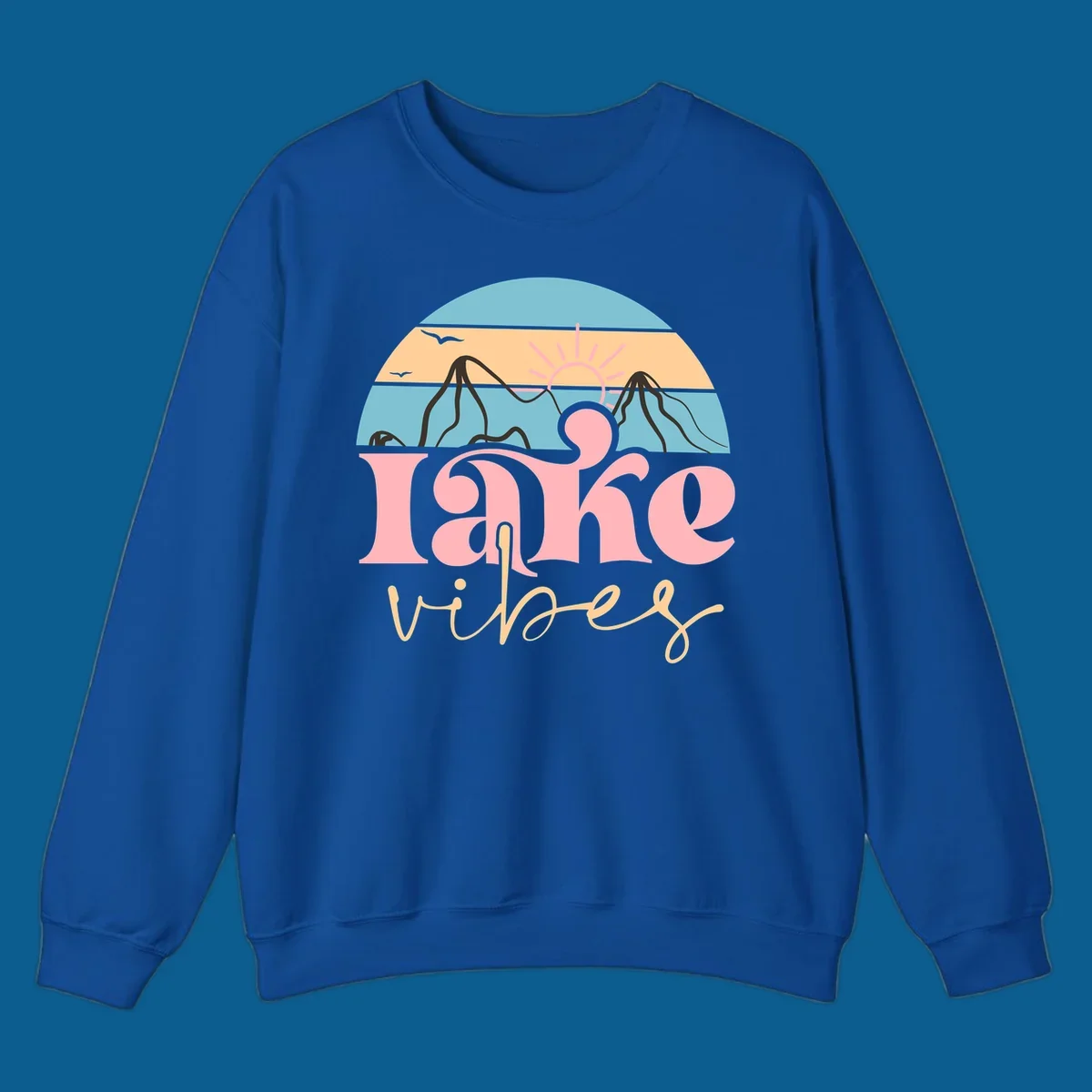 Retro lake vibes design with sunset, mountains, and birds. lake-vibes-retro