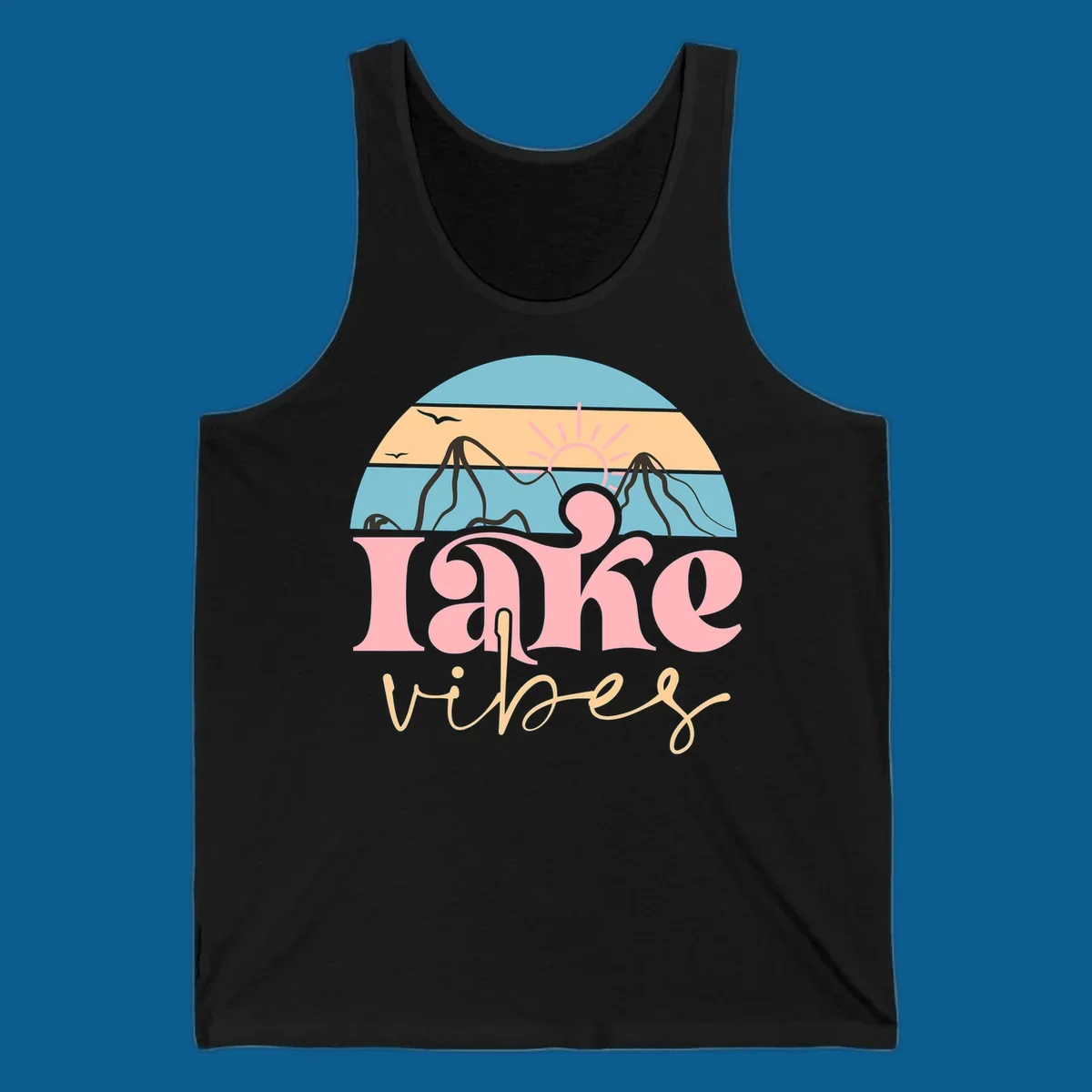 Retro lake vibes design with sunset, mountains, and birds. lake-vibes-retro