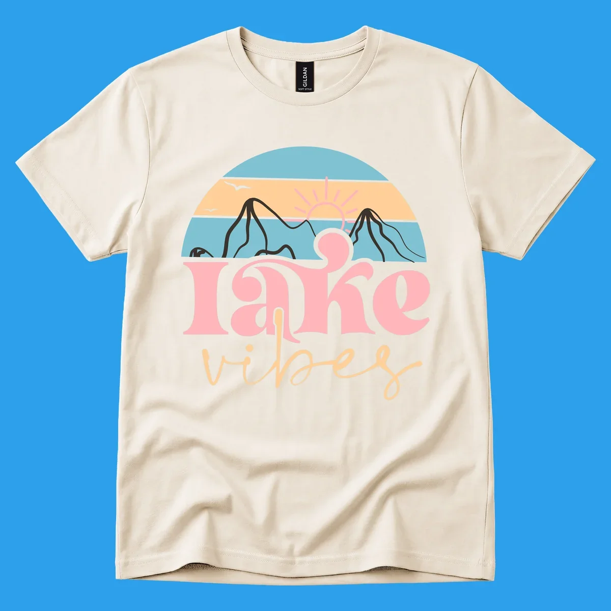 Retro lake vibes design with sunset, mountains, and birds. lake-vibes-retro