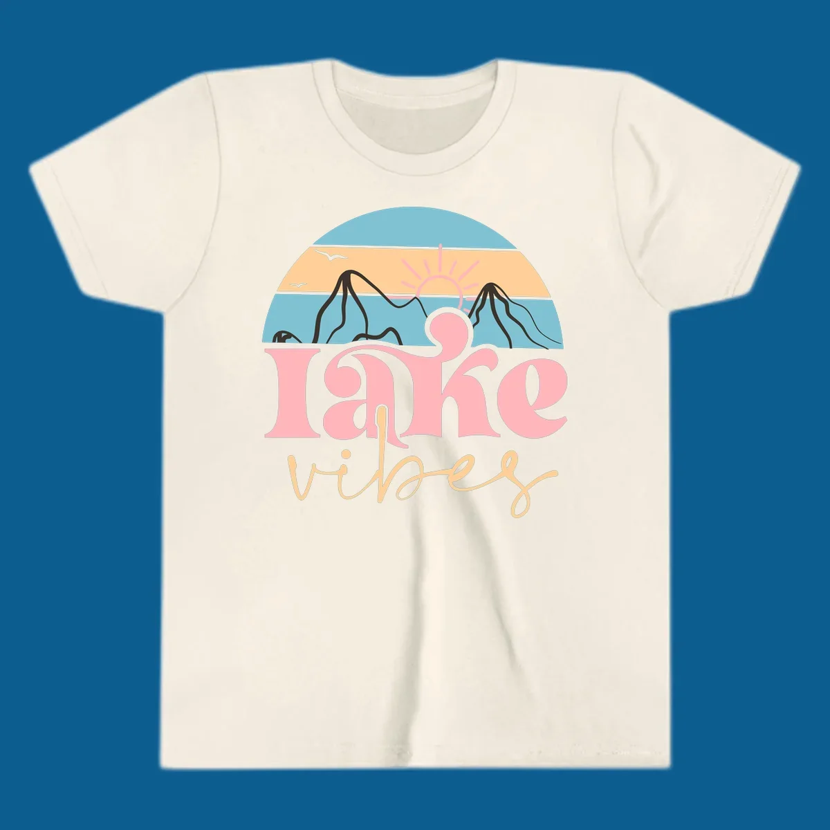 Retro lake vibes design with sunset, mountains, and birds. lake-vibes-retro