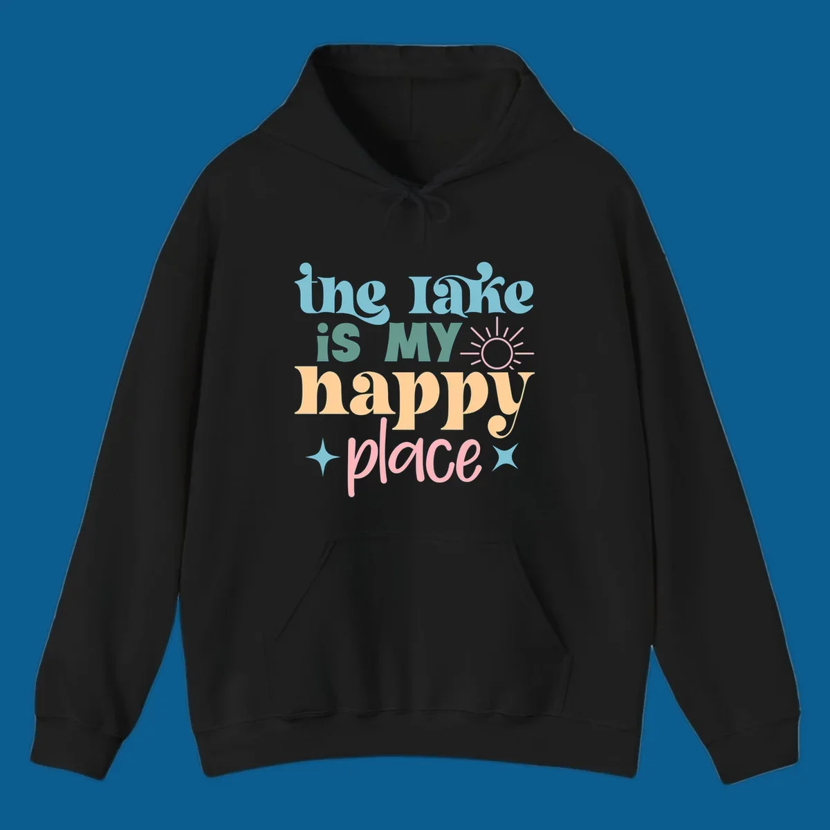 The lake is my happy place text with sun and starbursts, lake-happy-place design