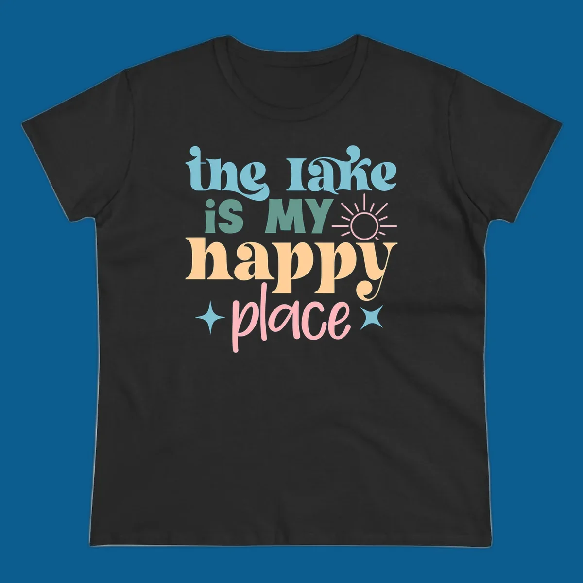 The lake is my happy place text with sun and starbursts, lake-happy-place design