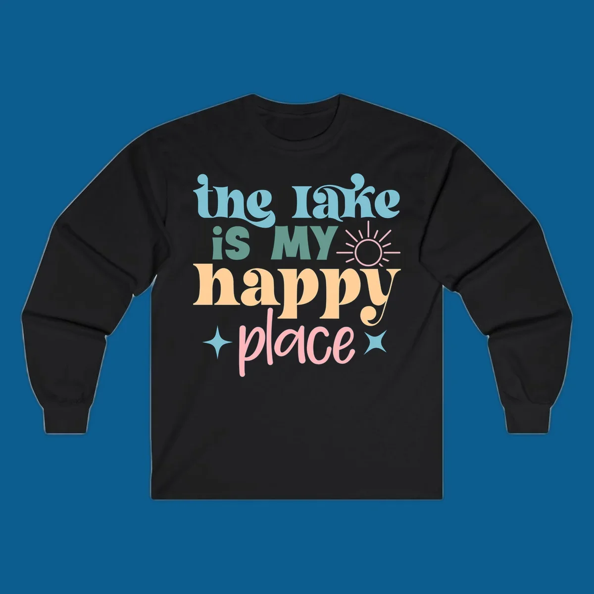 The lake is my happy place text with sun and starbursts, lake-happy-place design