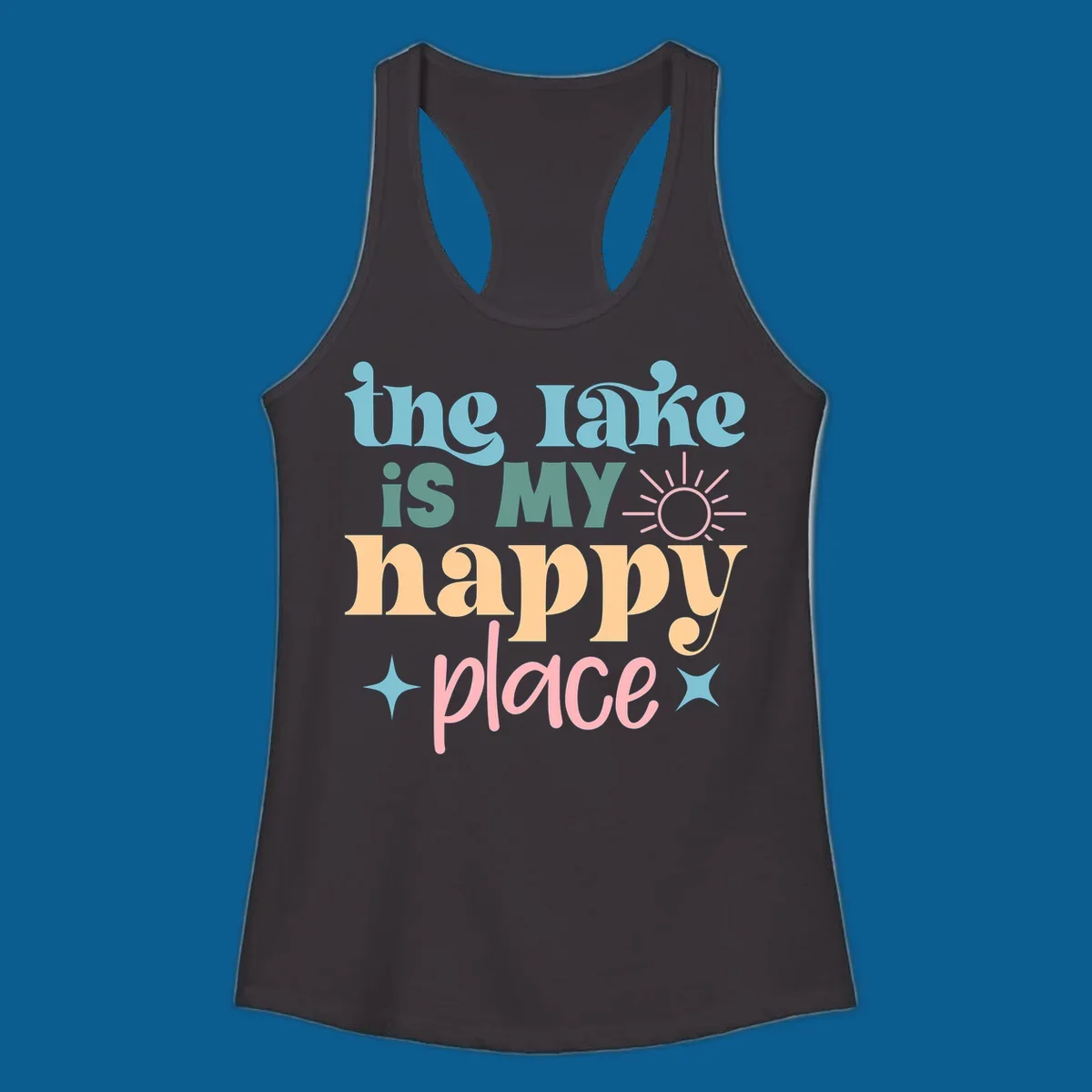 The lake is my happy place text with sun and starbursts, lake-happy-place design