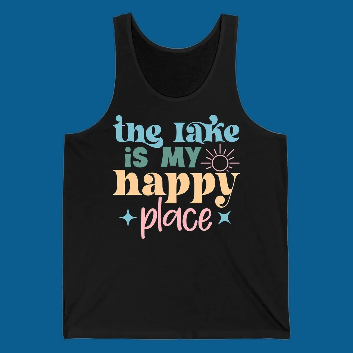 The lake is my happy place text with sun and starbursts, lake-happy-place design