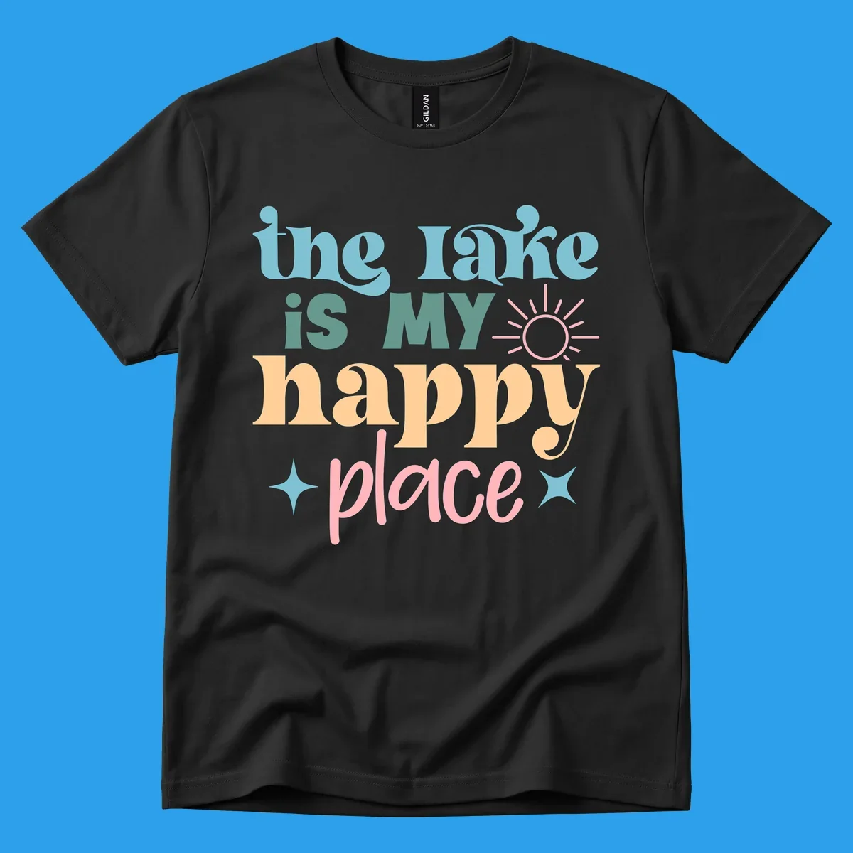 The lake is my happy place text with sun and starbursts, lake-happy-place design