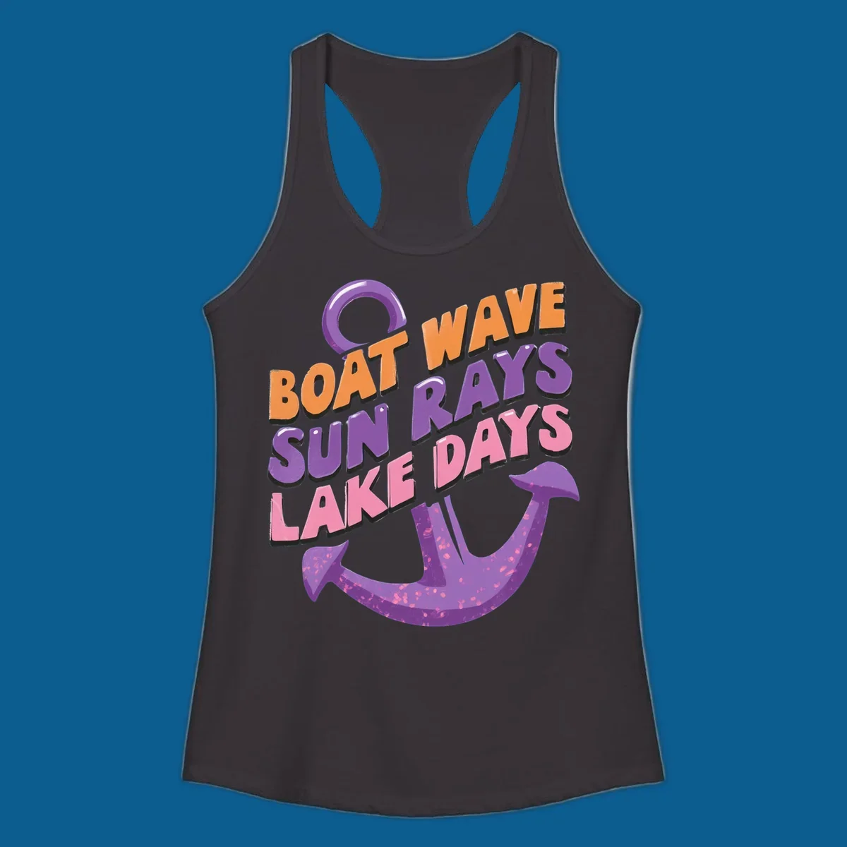 Boat wave sun rays lake days text with anchor graphic. lake-days-boat-wave