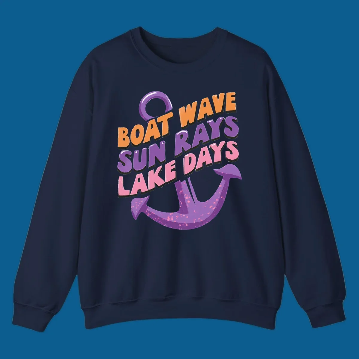 Boat wave sun rays lake days text with anchor graphic. lake-days-boat-wave