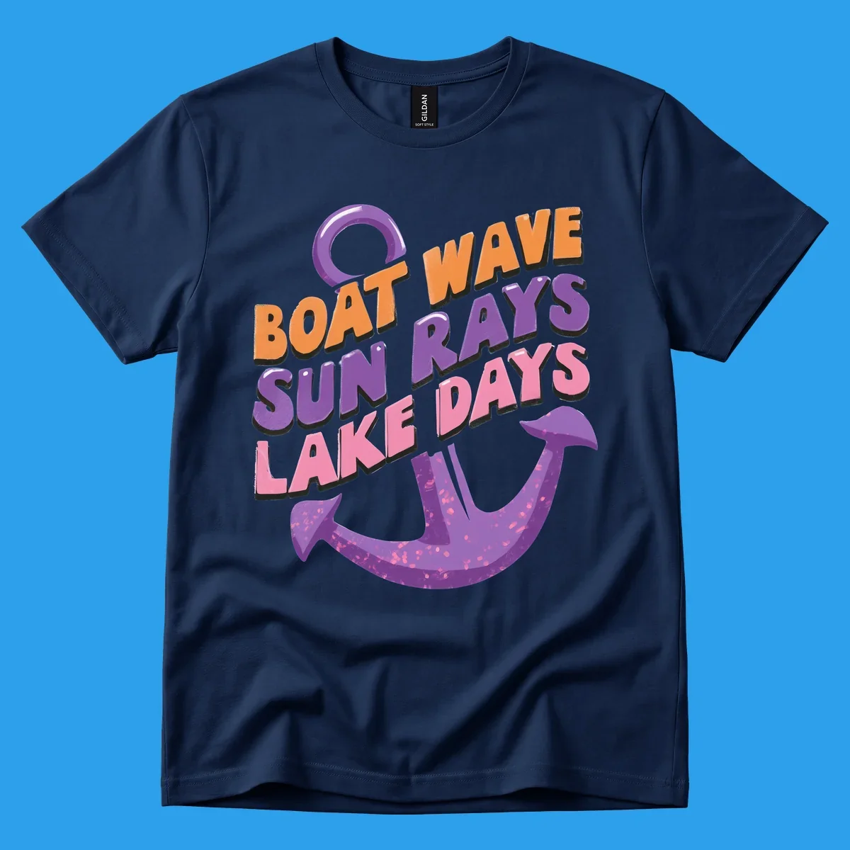 Boat wave sun rays lake days text with anchor graphic. lake-days-boat-wave