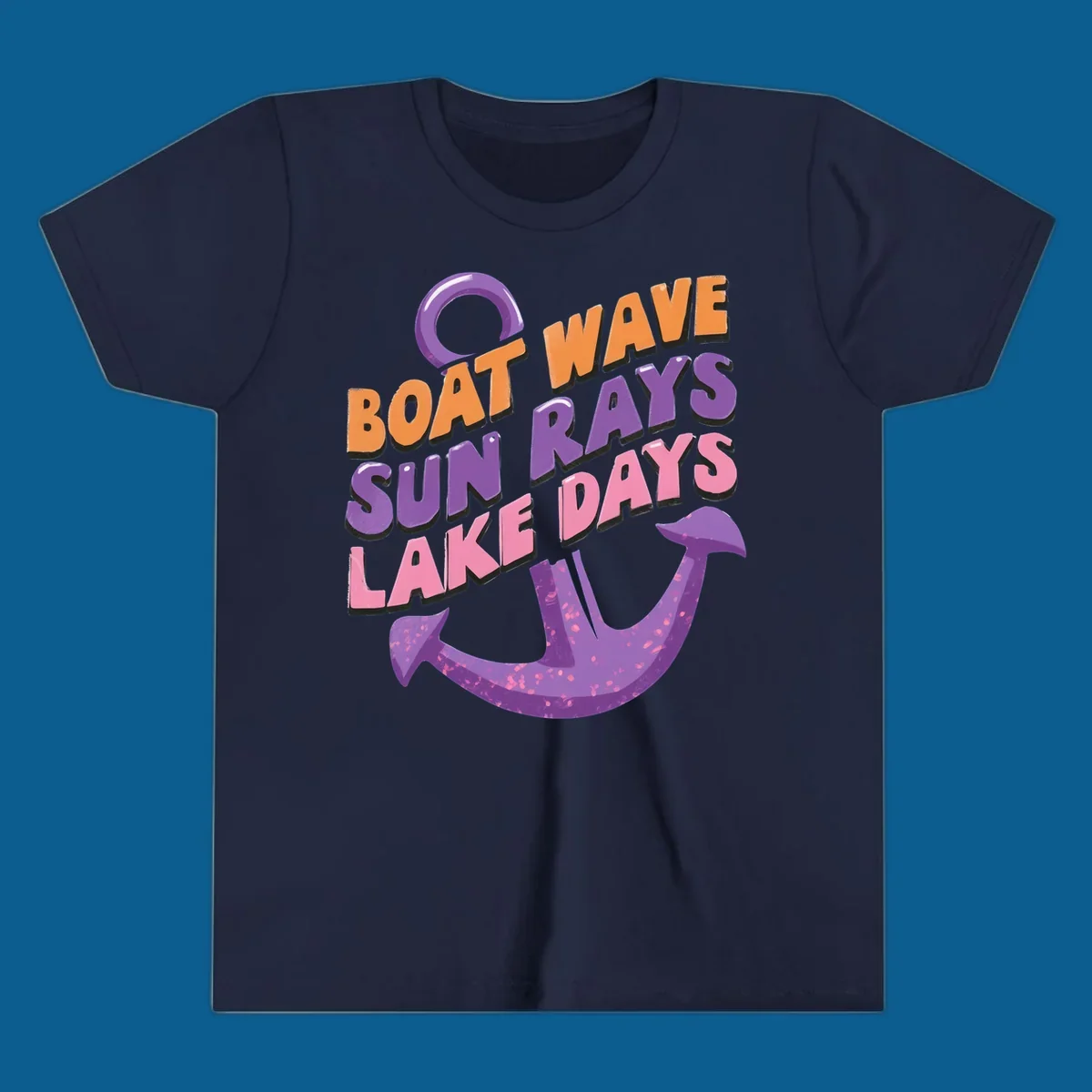 Boat wave sun rays lake days text with anchor graphic. lake-days-boat-wave