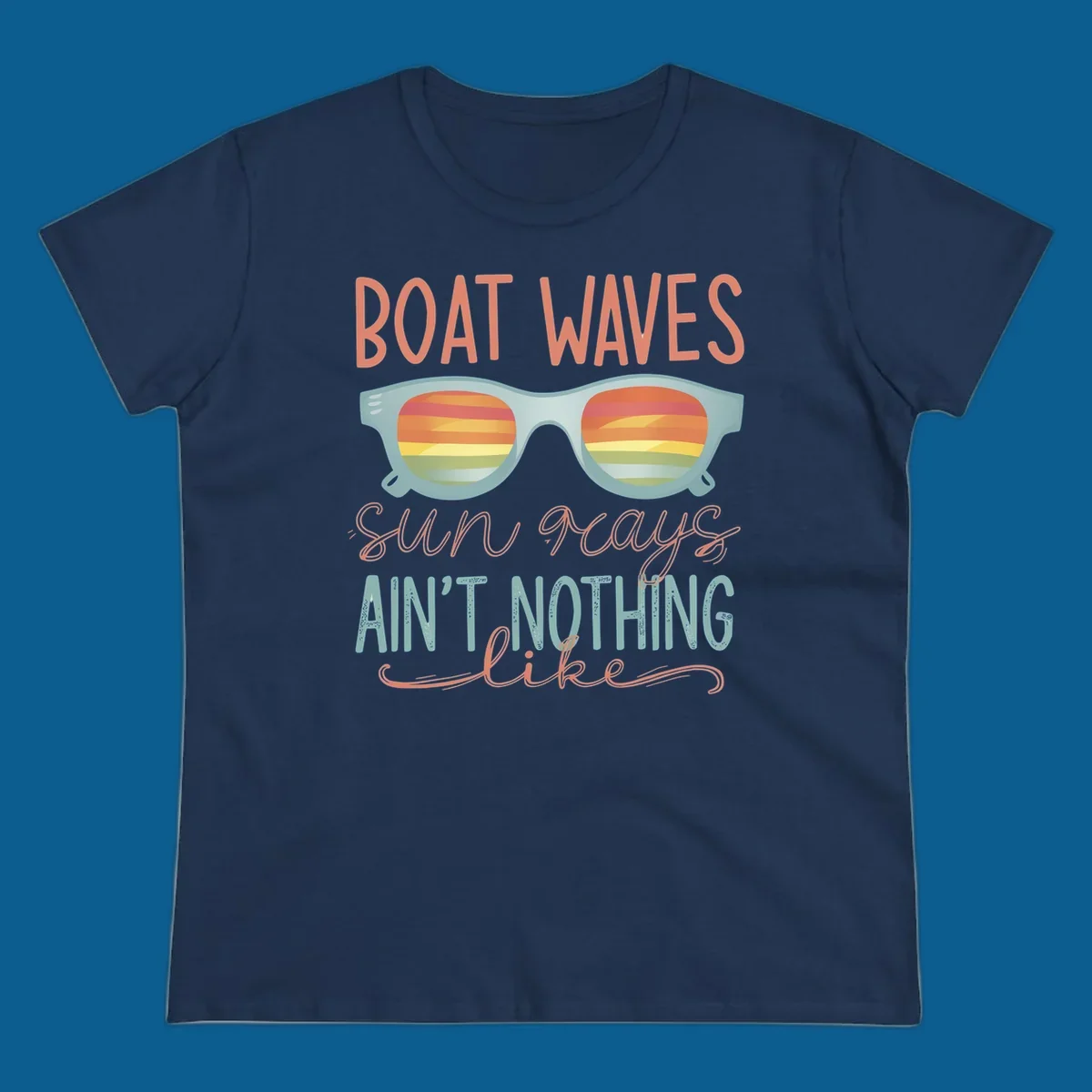 Boat waves and sunglasses with sunset reflection, text says 'sun rays ain't nothing like'