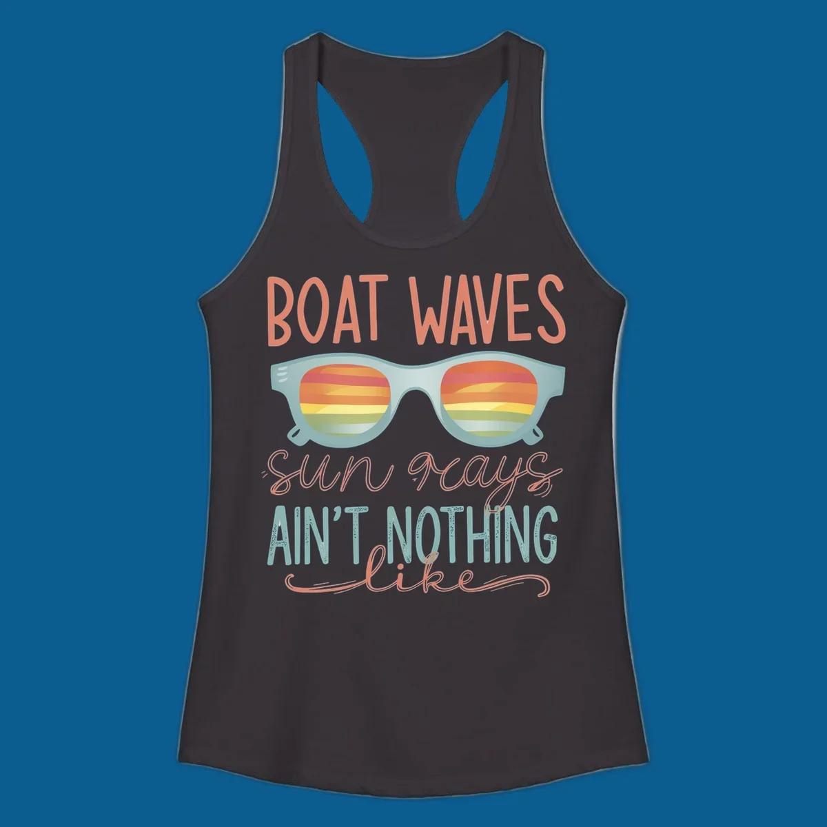 Boat waves and sunglasses with sunset reflection, text says 'sun rays ain't nothing like'