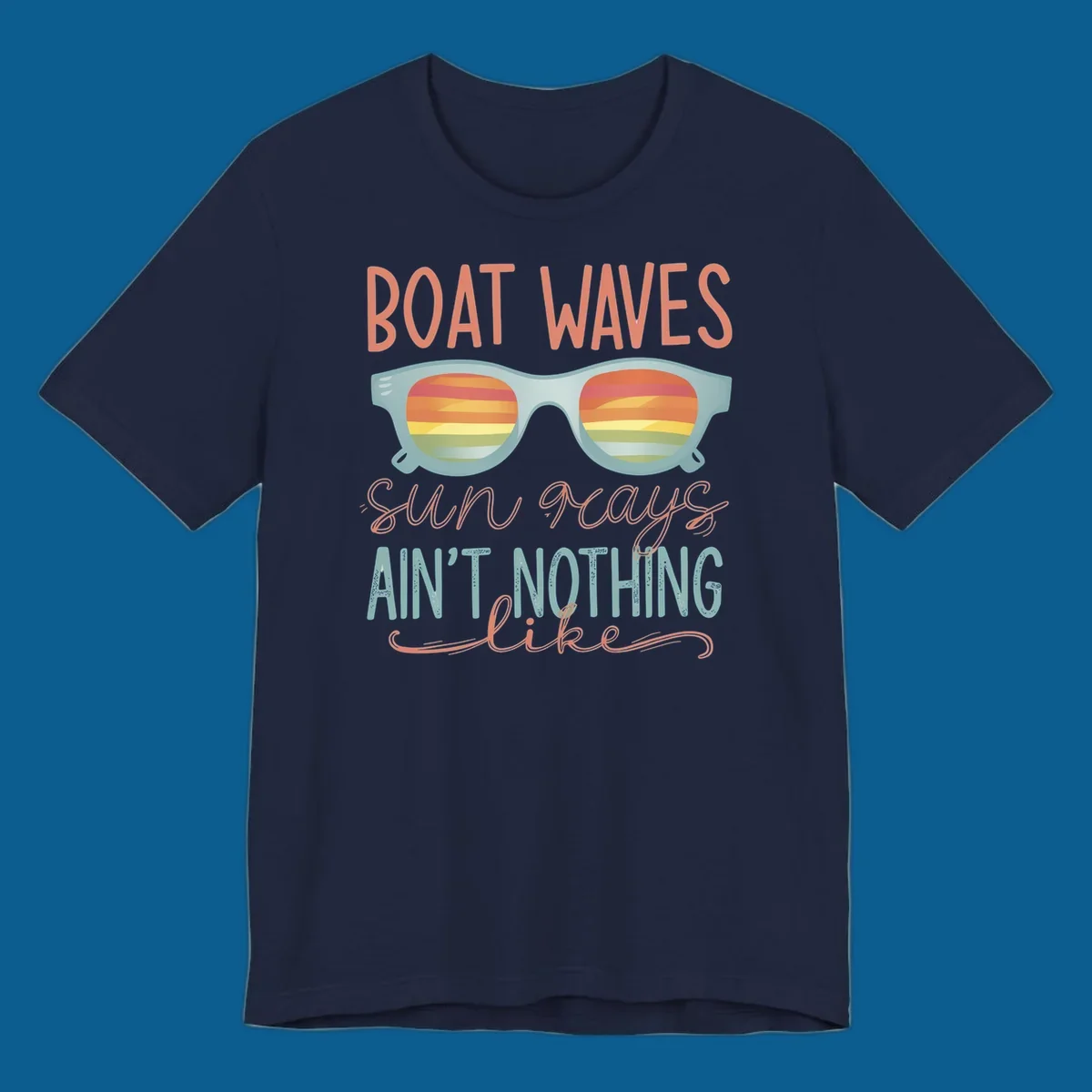 Boat waves and sunglasses with sunset reflection, text says 'sun rays ain't nothing like'