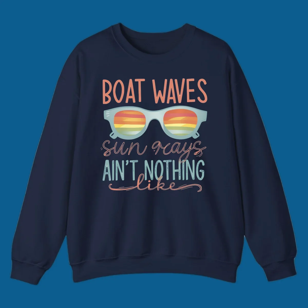 Boat waves and sunglasses with sunset reflection, text says 'sun rays ain't nothing like'