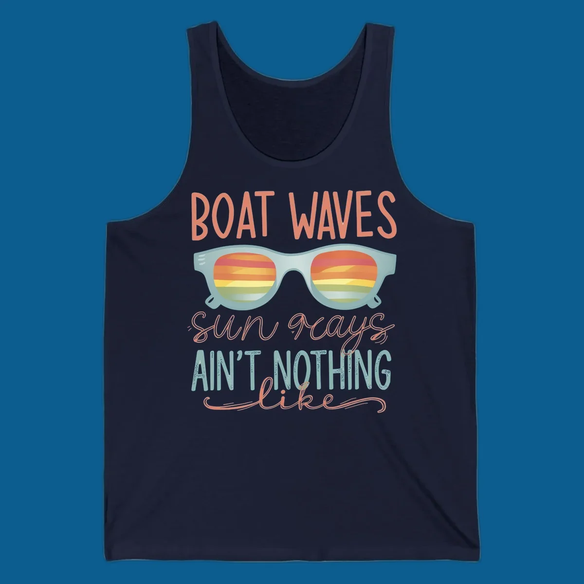 Boat waves and sunglasses with sunset reflection, text says 'sun rays ain't nothing like'