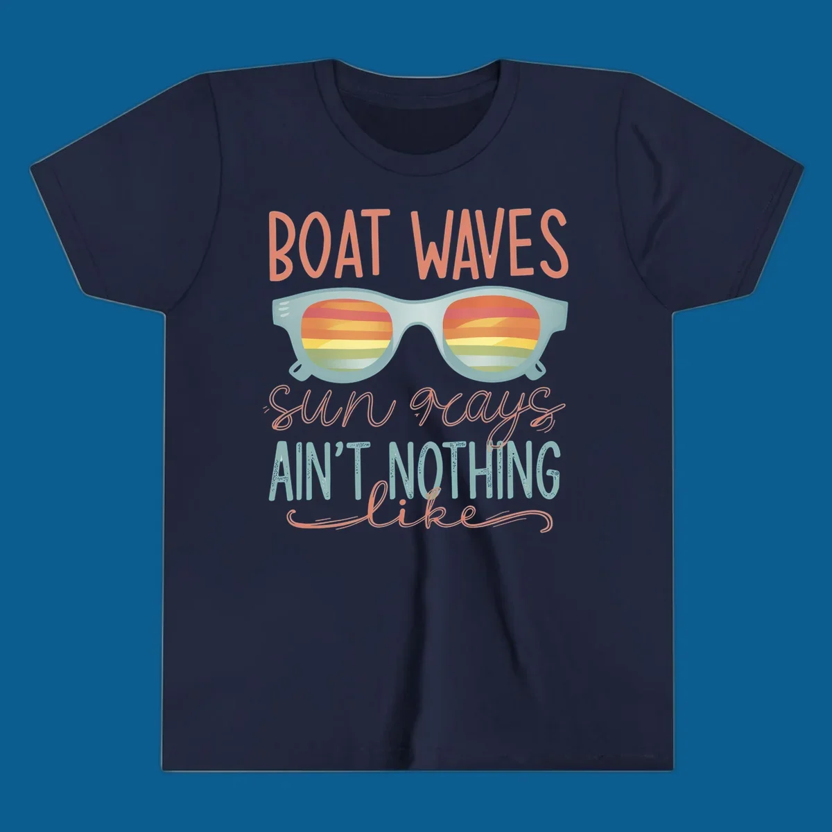 Boat waves and sunglasses with sunset reflection, text says 'sun rays ain't nothing like'