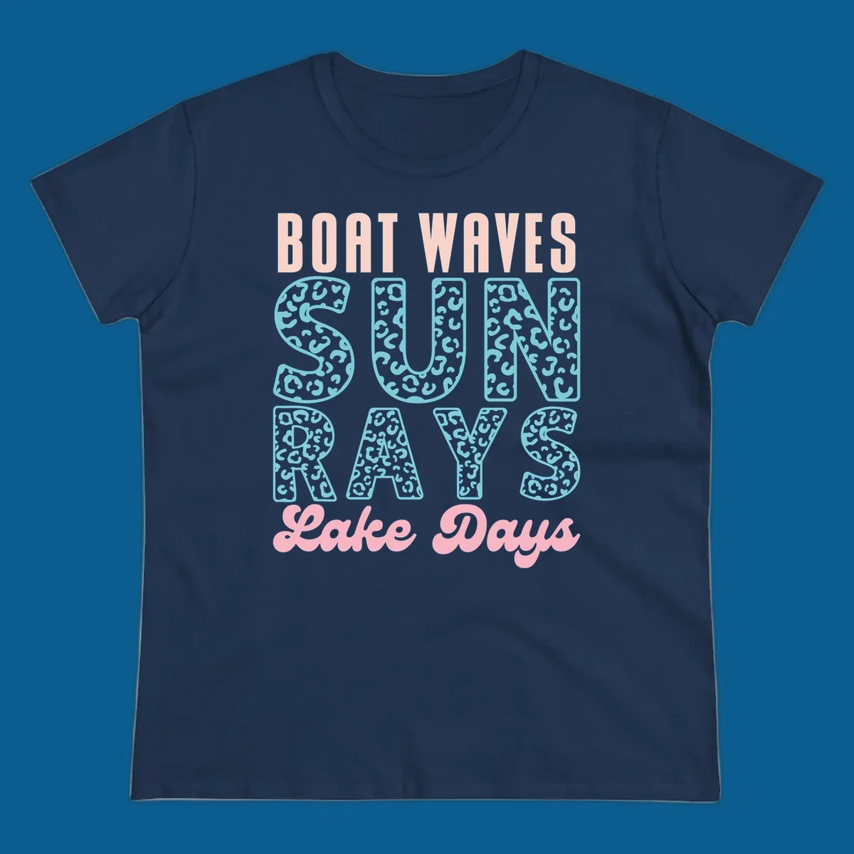 Boat waves sun rays lake days text design with pink and teal leopard print.