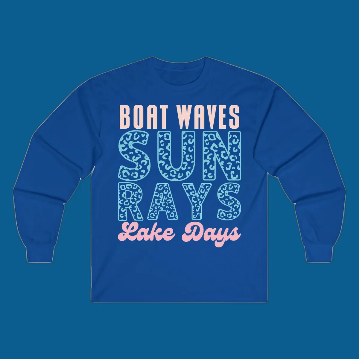 Boat waves sun rays lake days text design with pink and teal leopard print.