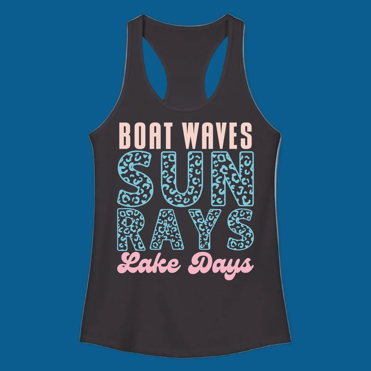 Boat waves sun rays lake days text design with pink and teal leopard print.