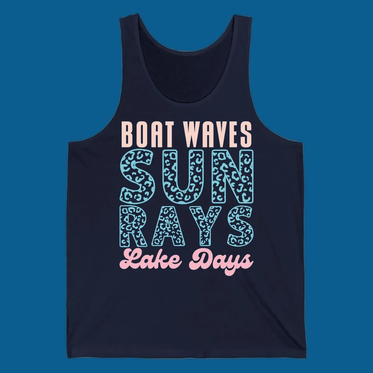 Boat waves sun rays lake days text design with pink and teal leopard print.