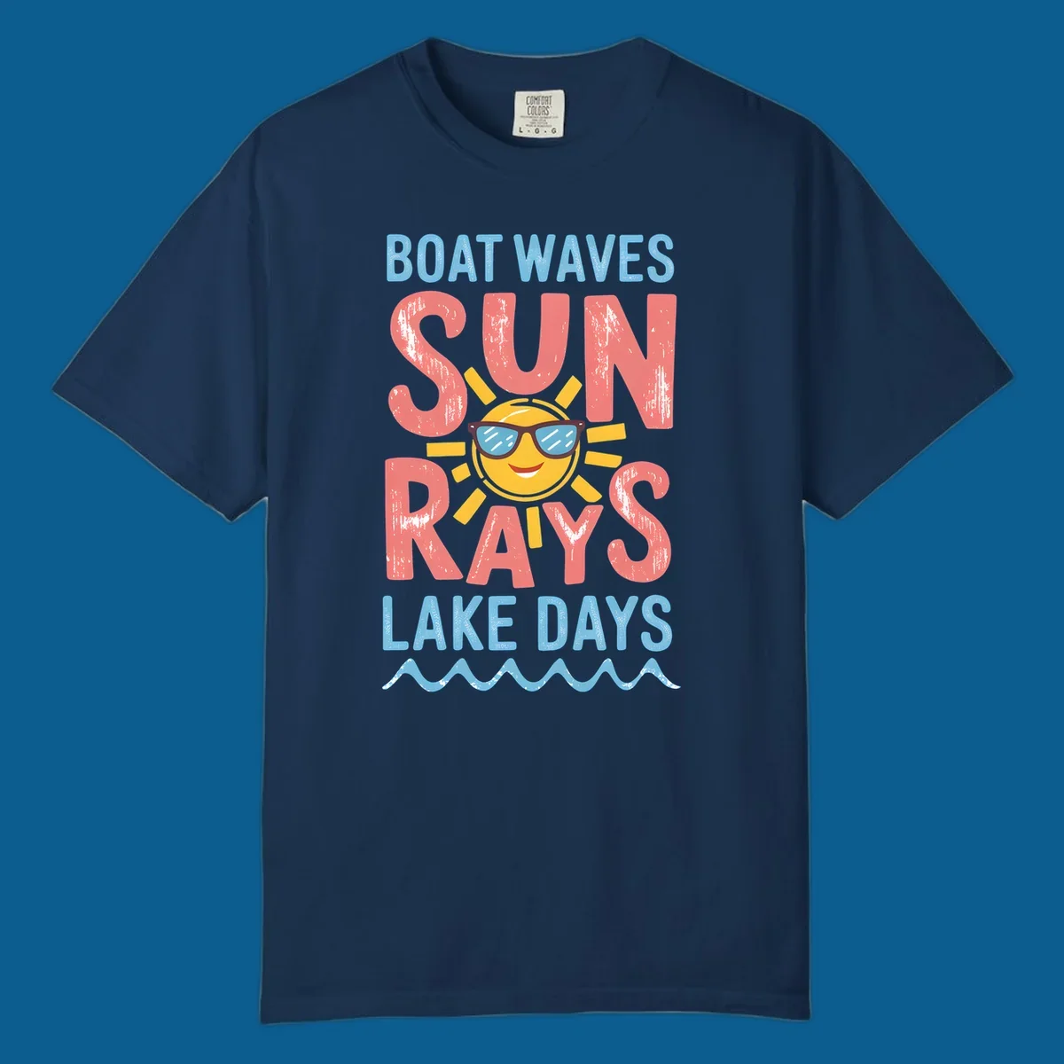 Boat waves sun rays lake days graphic with a sun wearing sunglasses.