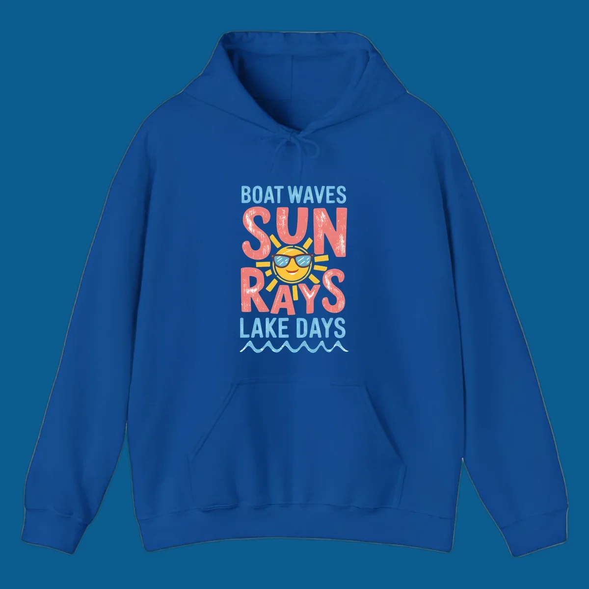 Boat waves sun rays lake days graphic with a sun wearing sunglasses.