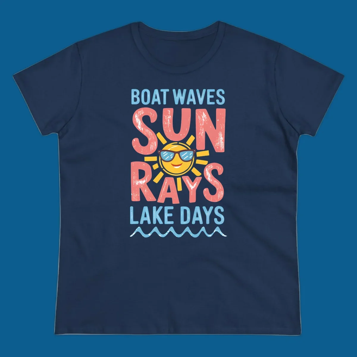 Boat waves sun rays lake days graphic with a sun wearing sunglasses.