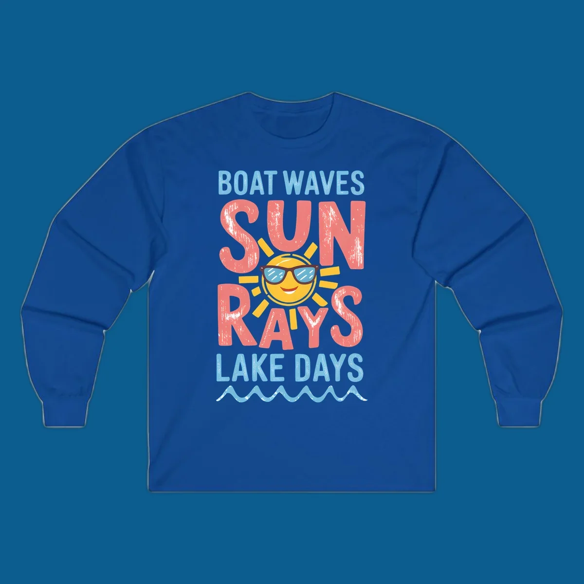 Boat waves sun rays lake days graphic with a sun wearing sunglasses.