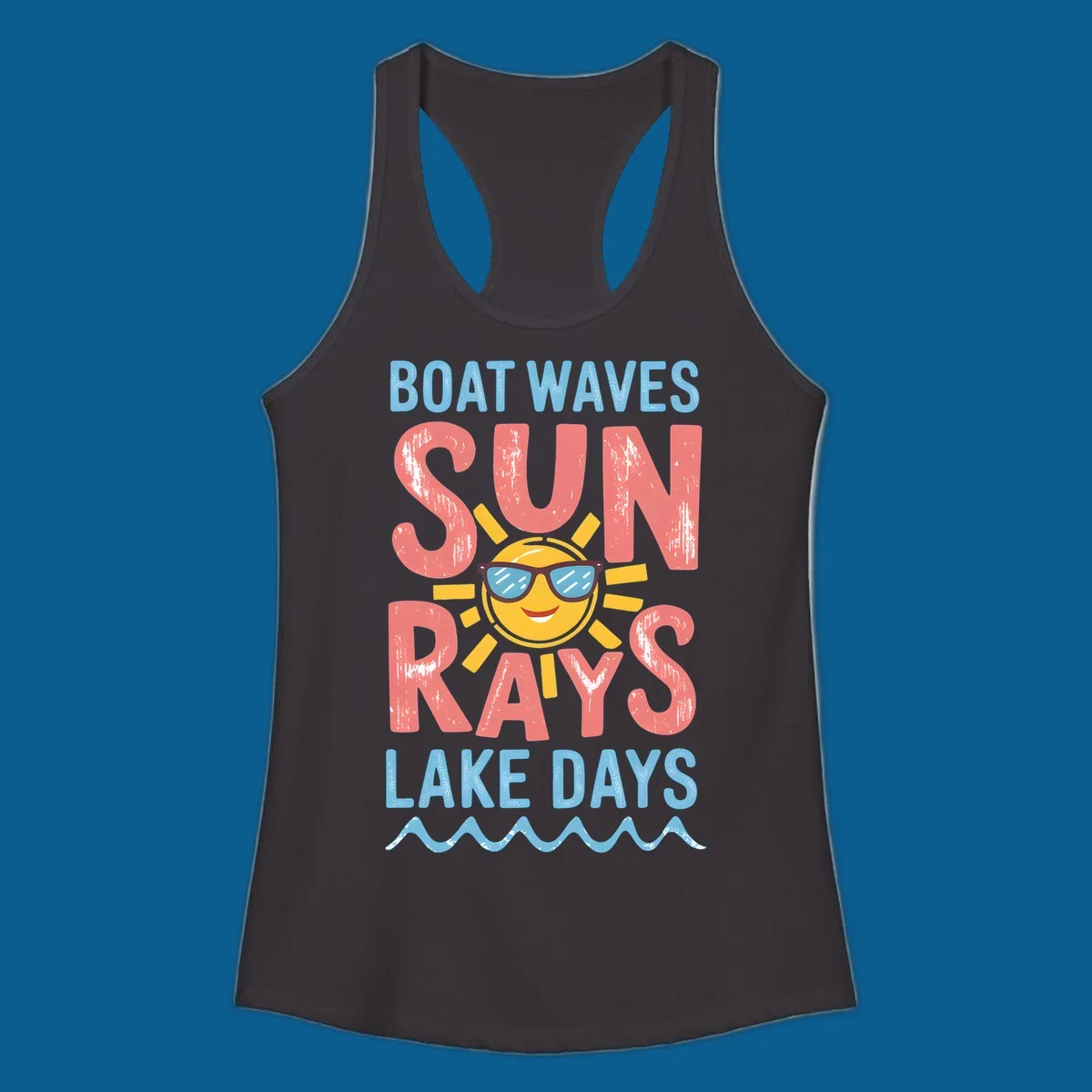 Boat waves sun rays lake days graphic with a sun wearing sunglasses.