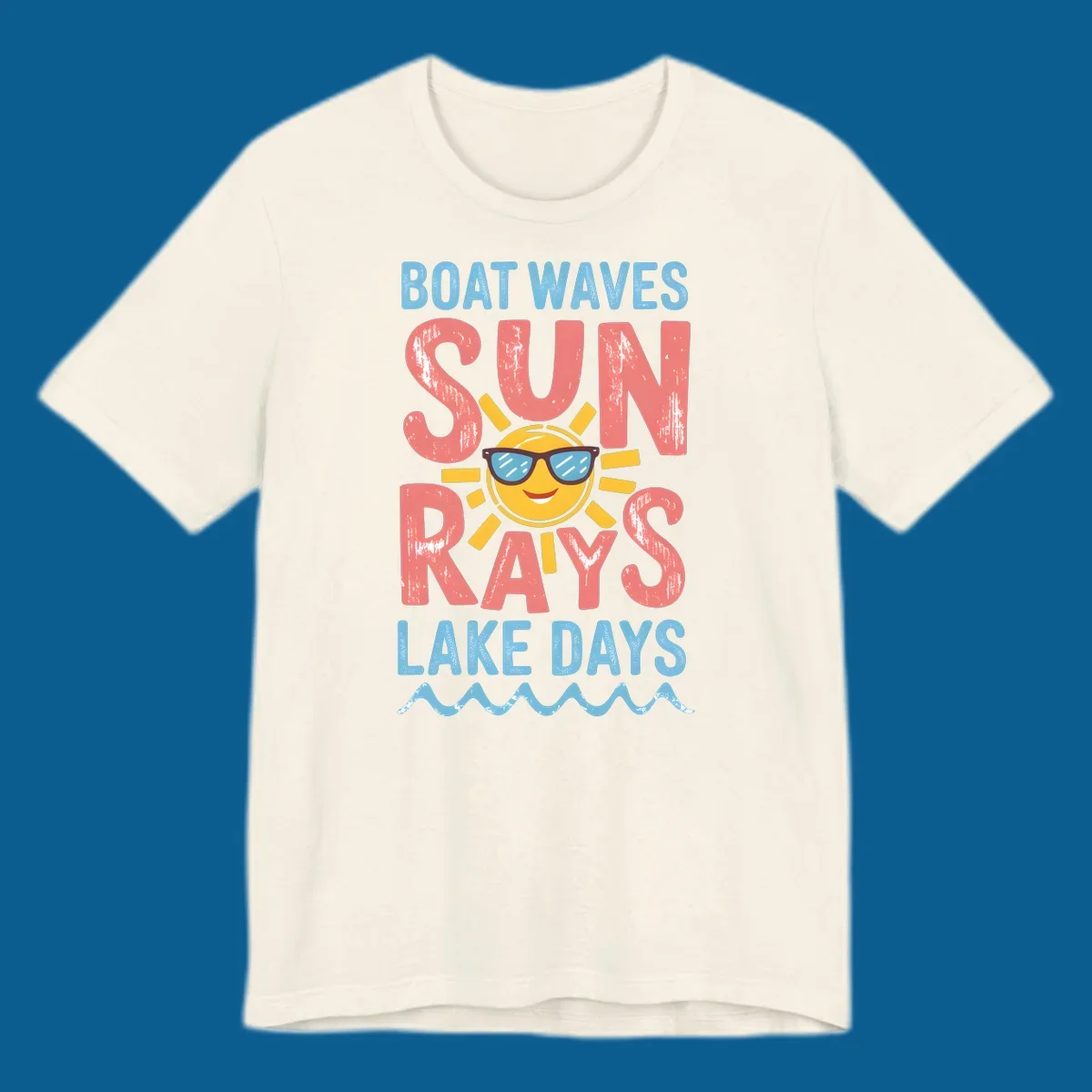 Boat waves sun rays lake days graphic with a sun wearing sunglasses.