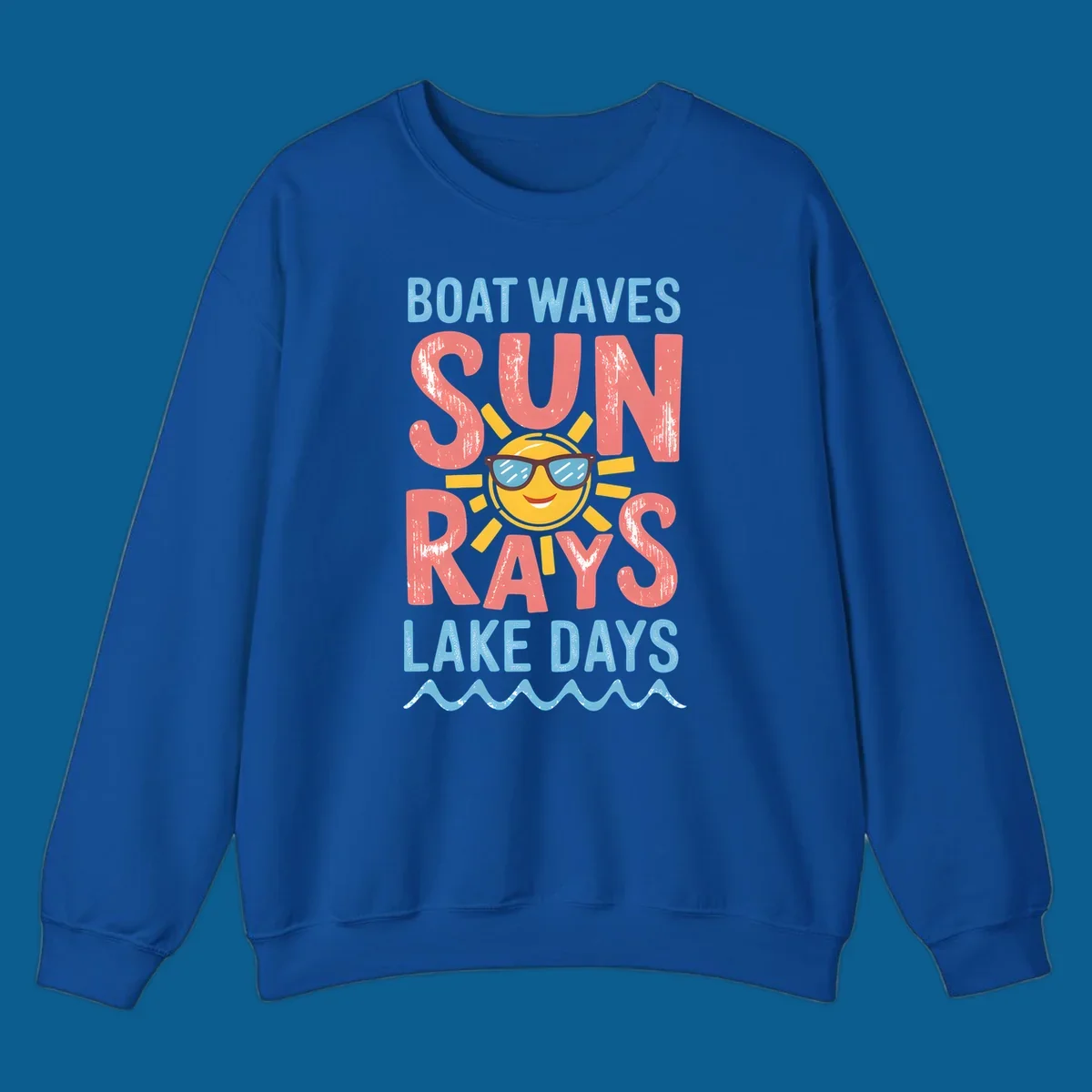 Boat waves sun rays lake days graphic with a sun wearing sunglasses.