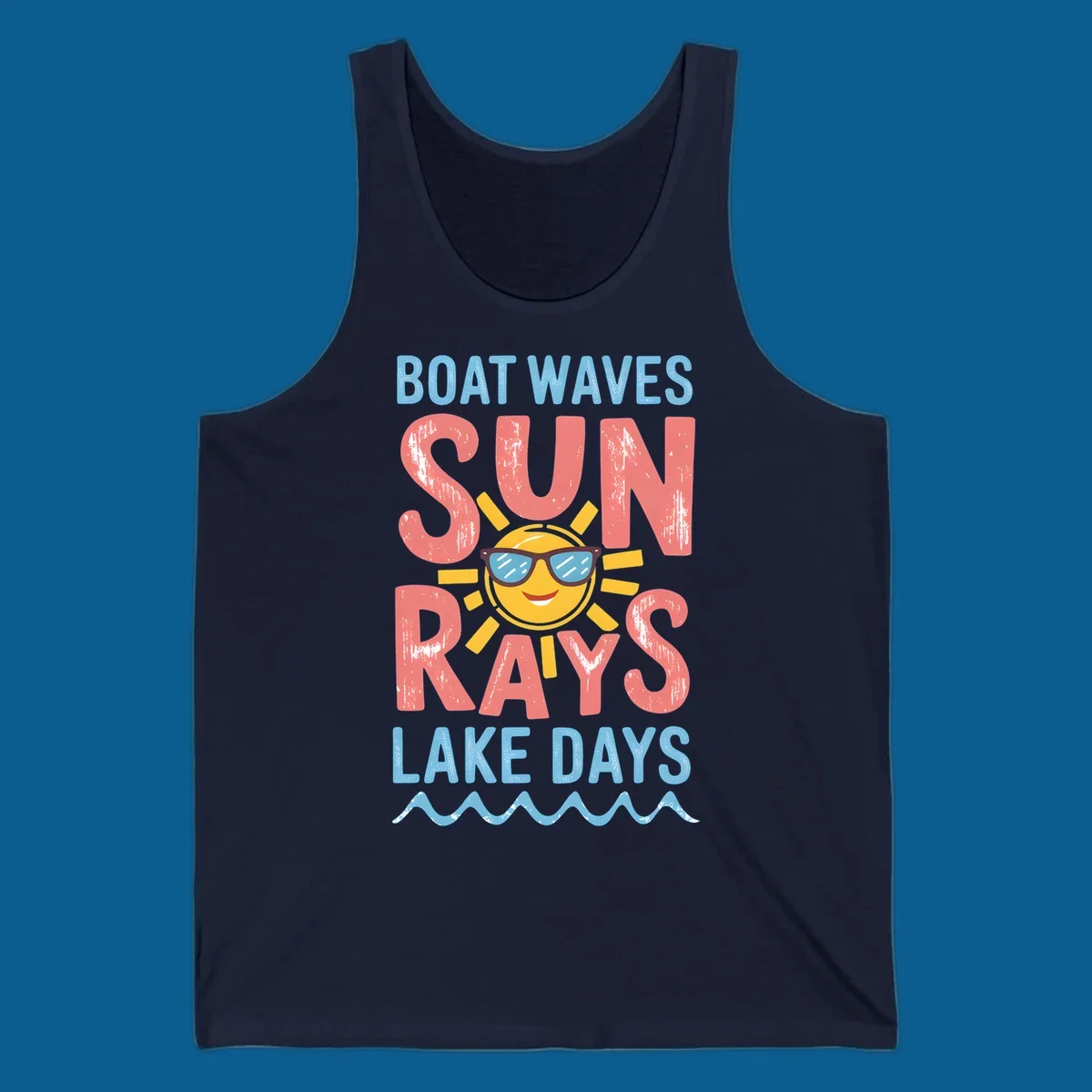 Boat waves sun rays lake days graphic with a sun wearing sunglasses.