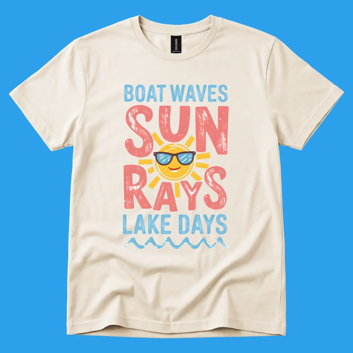 Boat waves sun rays lake days graphic with a sun wearing sunglasses.