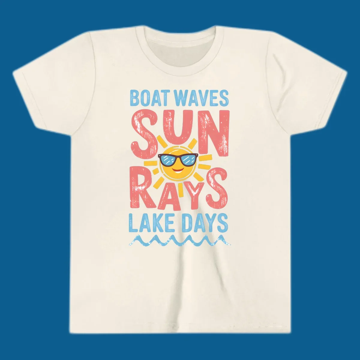 Boat waves sun rays lake days graphic with a sun wearing sunglasses.
