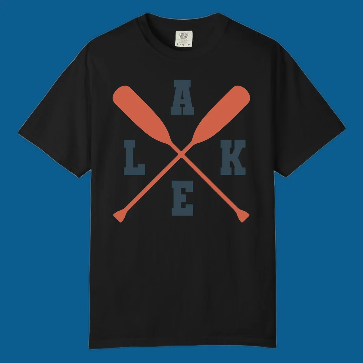 Crossed oars forming an emblem with the word LAKE, for lake life