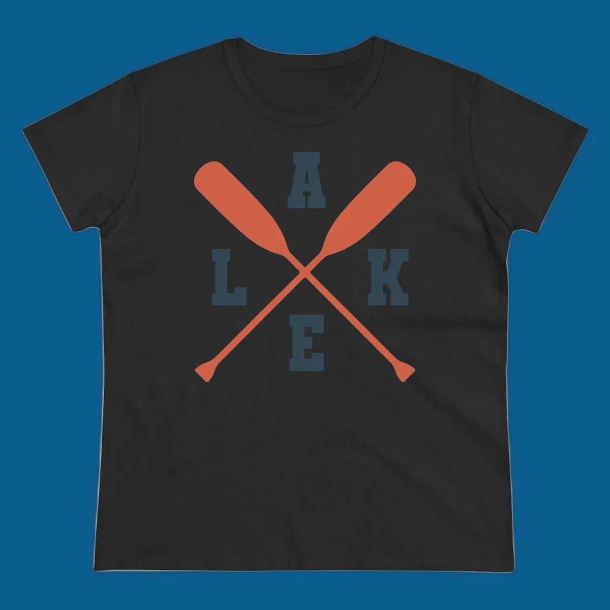 Crossed oars forming an emblem with the word LAKE, for lake life