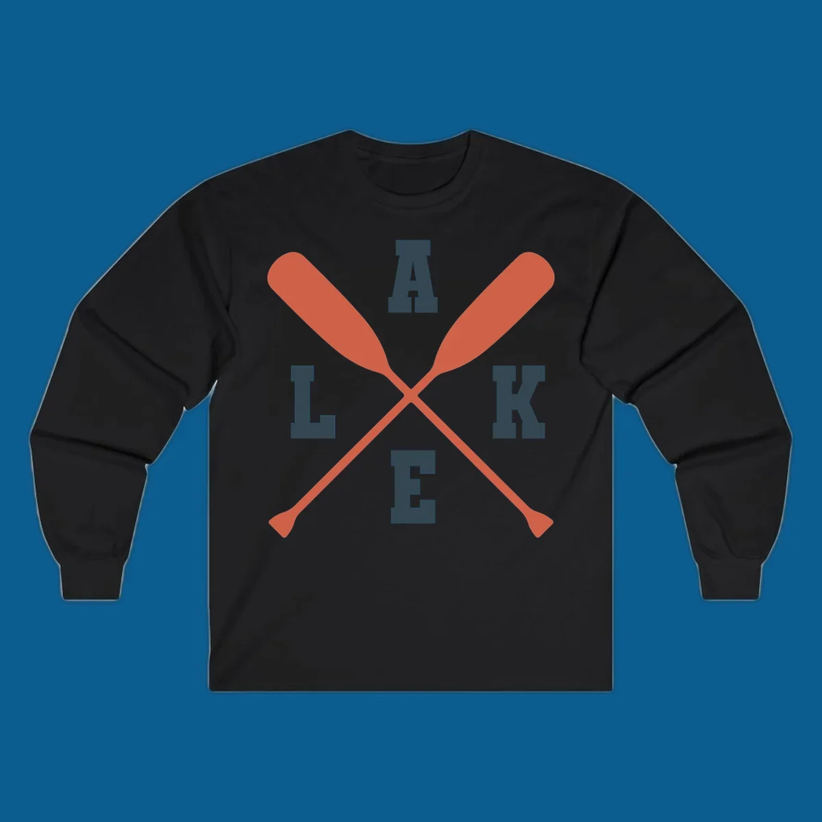 Crossed oars forming an emblem with the word LAKE, for lake life