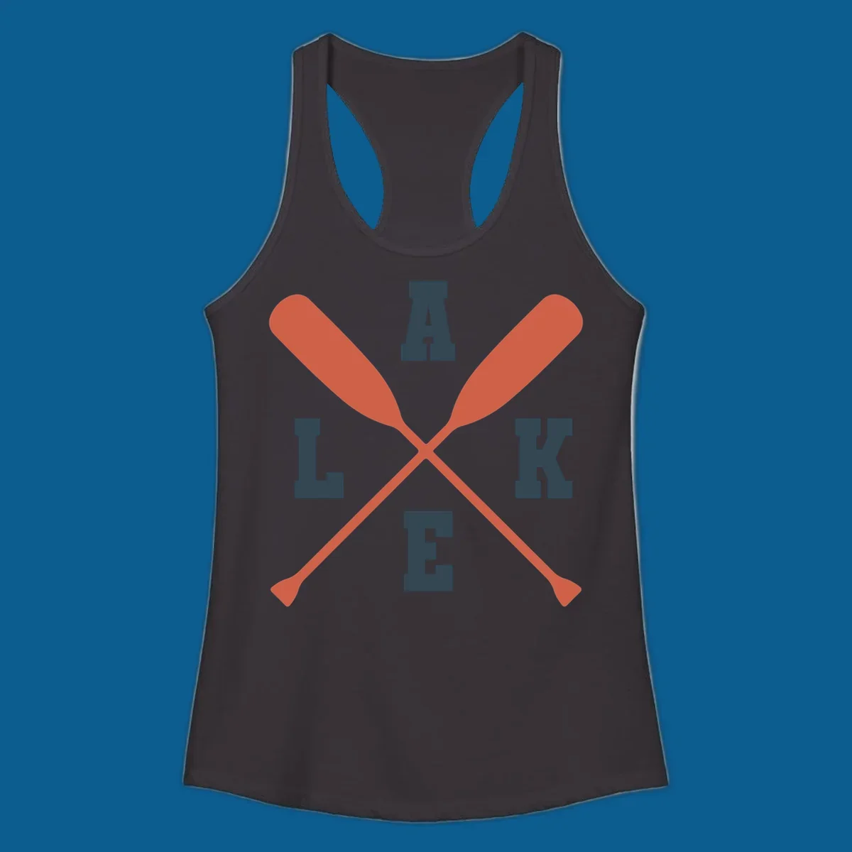 Crossed oars forming an emblem with the word LAKE, for lake life