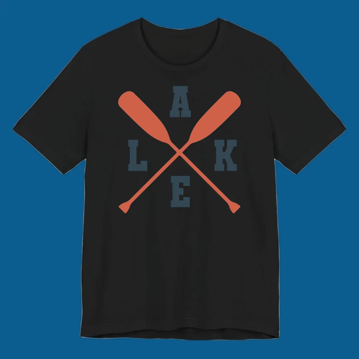 Crossed oars forming an emblem with the word LAKE, for lake life