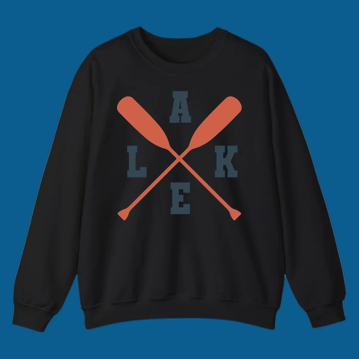 Crossed oars forming an emblem with the word LAKE, for lake life