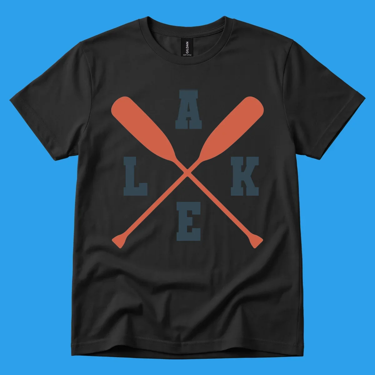 Crossed oars forming an emblem with the word LAKE, for lake life