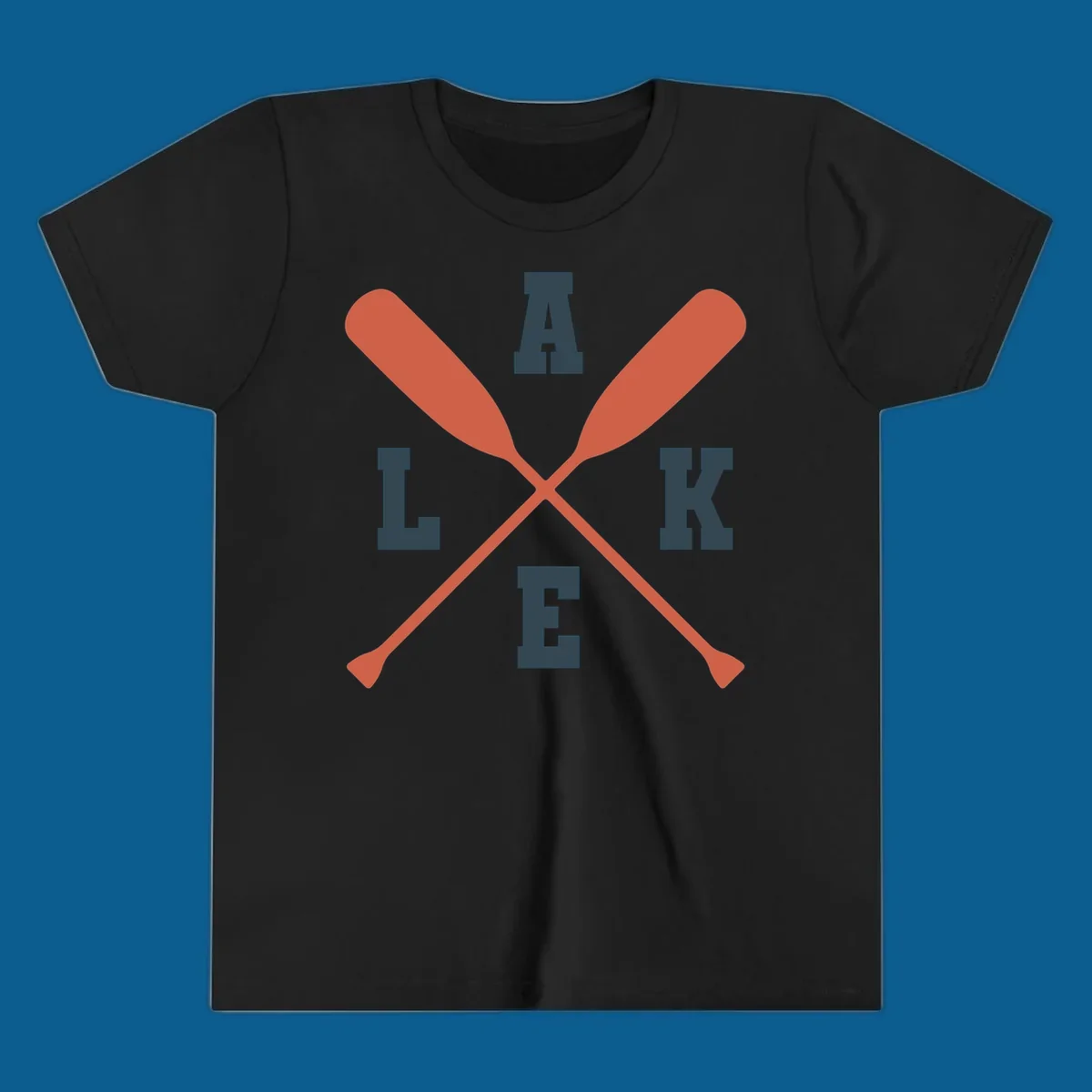 Crossed oars forming an emblem with the word LAKE, for lake life