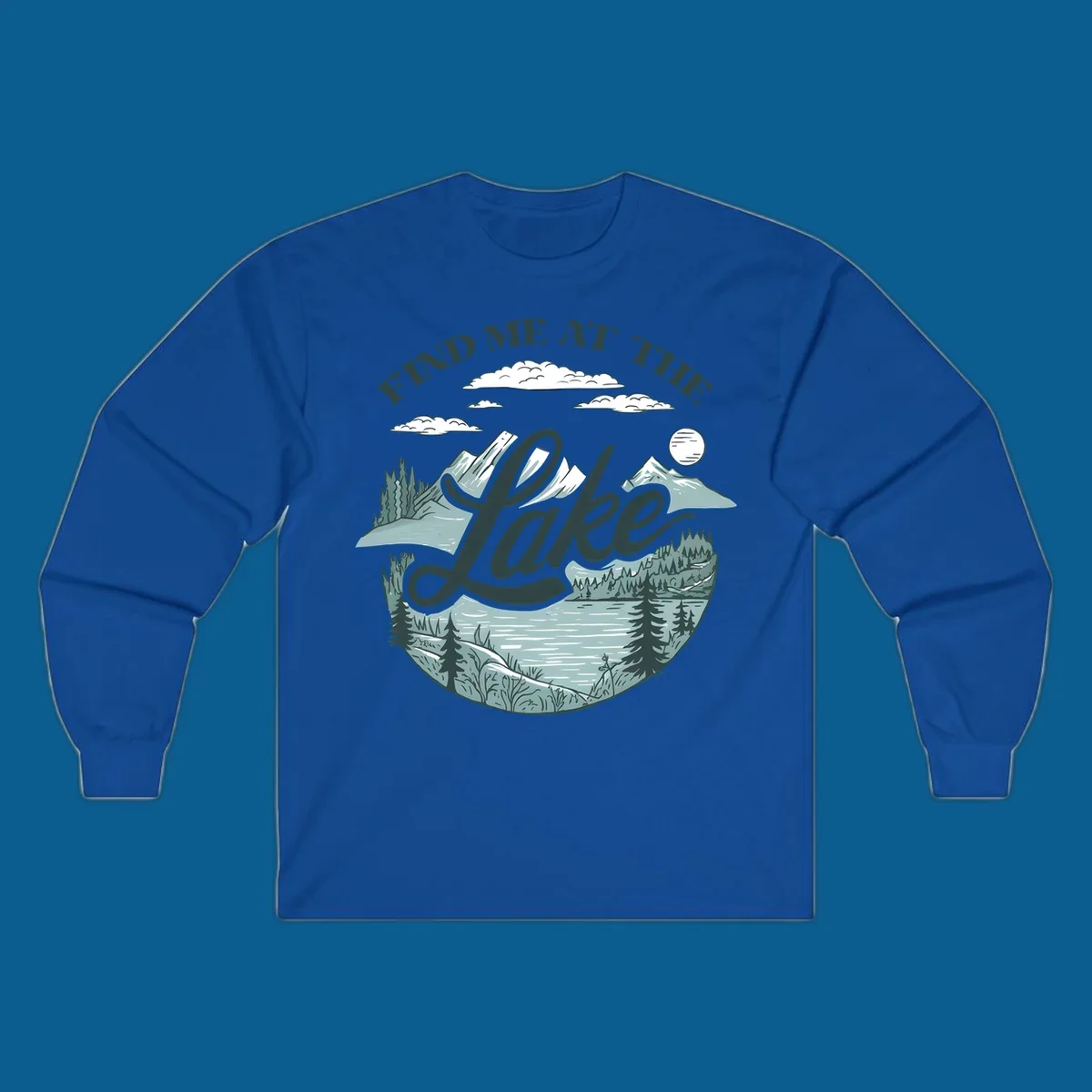 Find me at the lake scenic mountain and lake illustration with text.