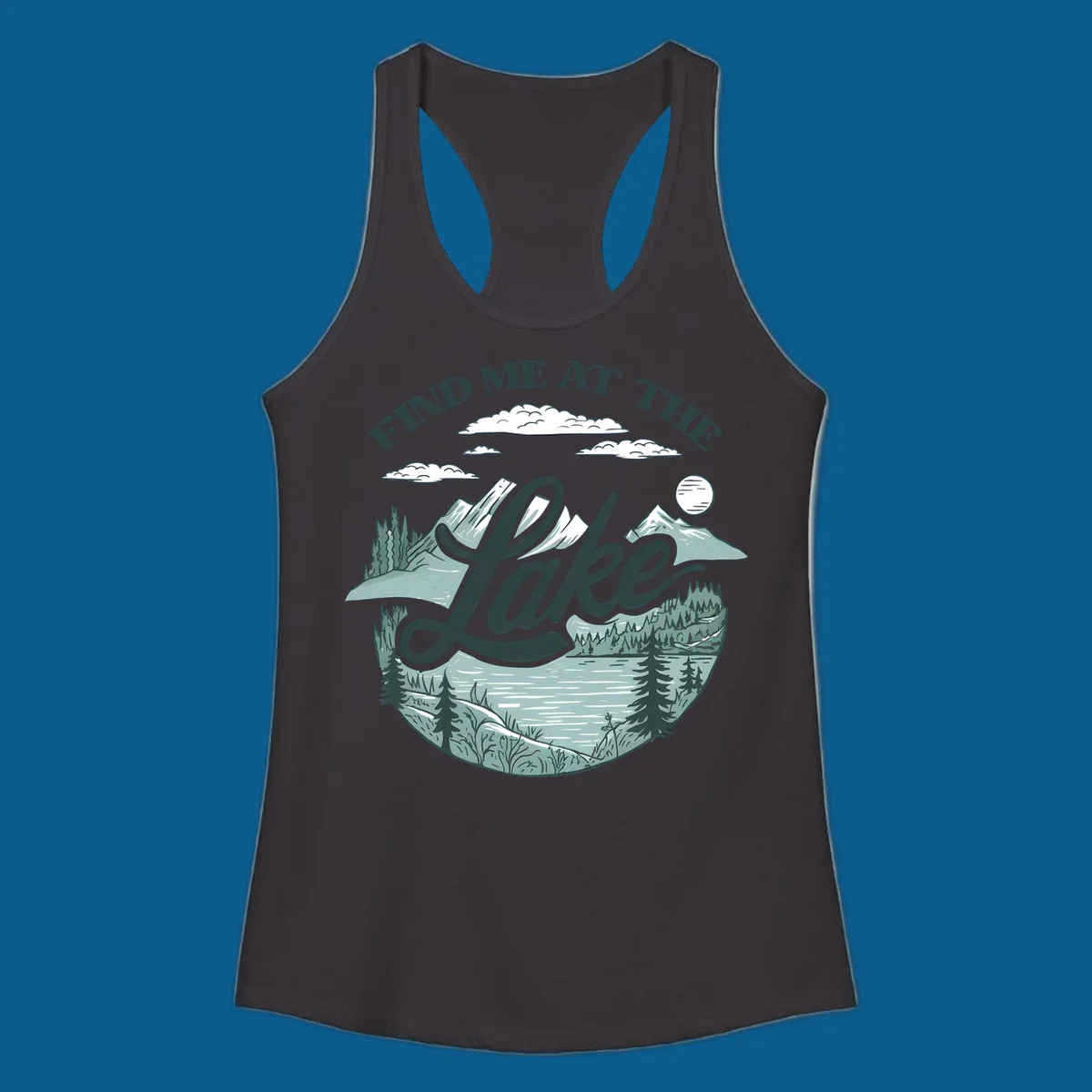 Find me at the lake scenic mountain and lake illustration with text.