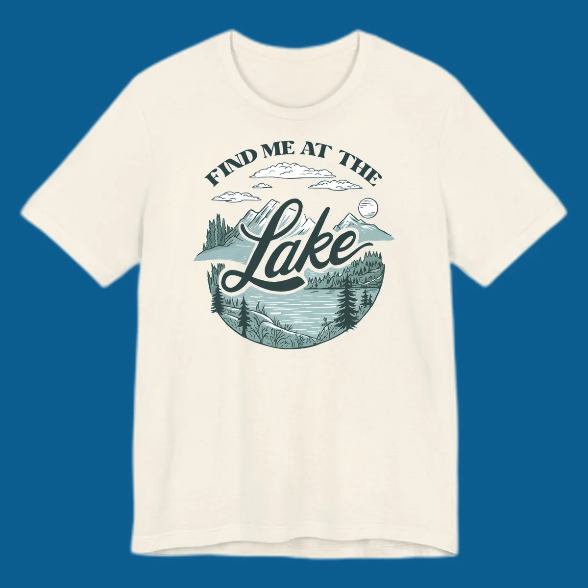 Find me at the lake scenic mountain and lake illustration with text.