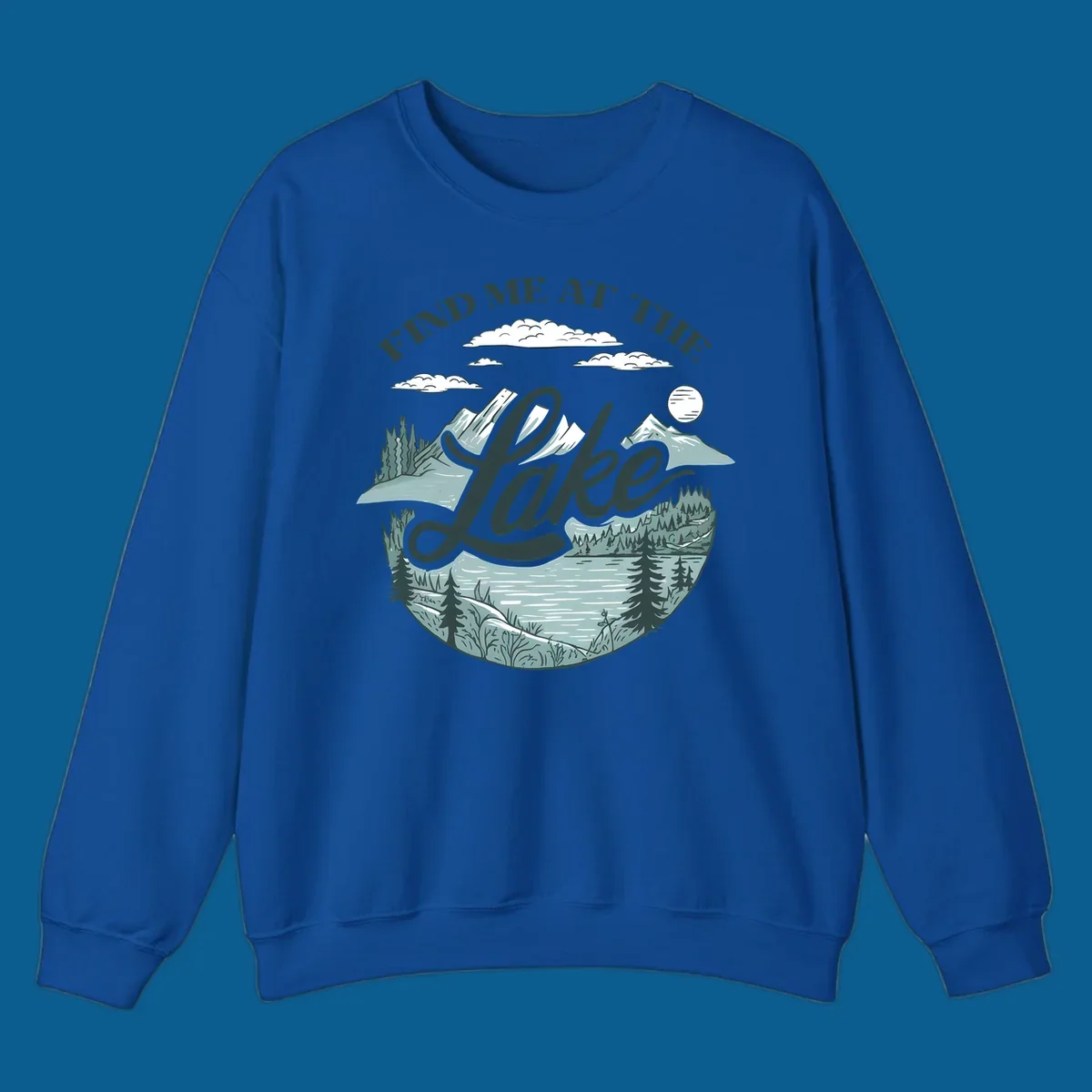Find me at the lake scenic mountain and lake illustration with text.